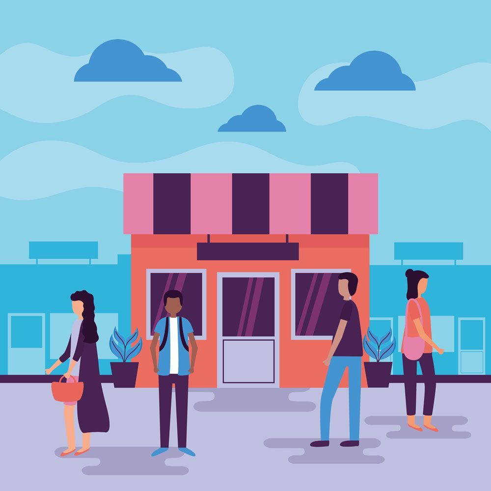 Cuatro personas frente a un escaparate rosa y naranja con un toldo a rayas en un día soleado, con dos macetas junto a la entrada y edificios azules al fondo.