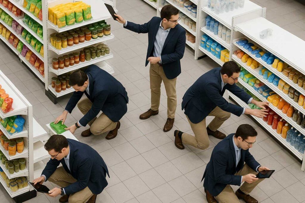 Un hombre con americana azul y pantalones caqui aparece varias veces en el pasillo de un supermercado, inspeccionando estanterías, tomando notas en una tableta y reponiendo artículos. La imagen ilustra la multitarea o la duplicación.