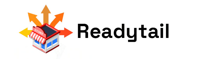 Logotipo con un pequeño escaparate y cuatro flechas naranjas apuntando hacia fuera, junto a la palabra "Readytail" en negrita y letras negras.