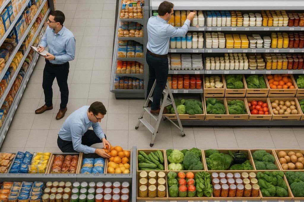 Tres hombres con camisas azules, aparentemente idénticos, trabajan en una tienda de comestibles: uno revisa un portapapeles, otro arregla naranjas, y un tercero está de pie en una escalera de mano reponiendo tarros en un estante por encima de productos agrícolas y envasados.