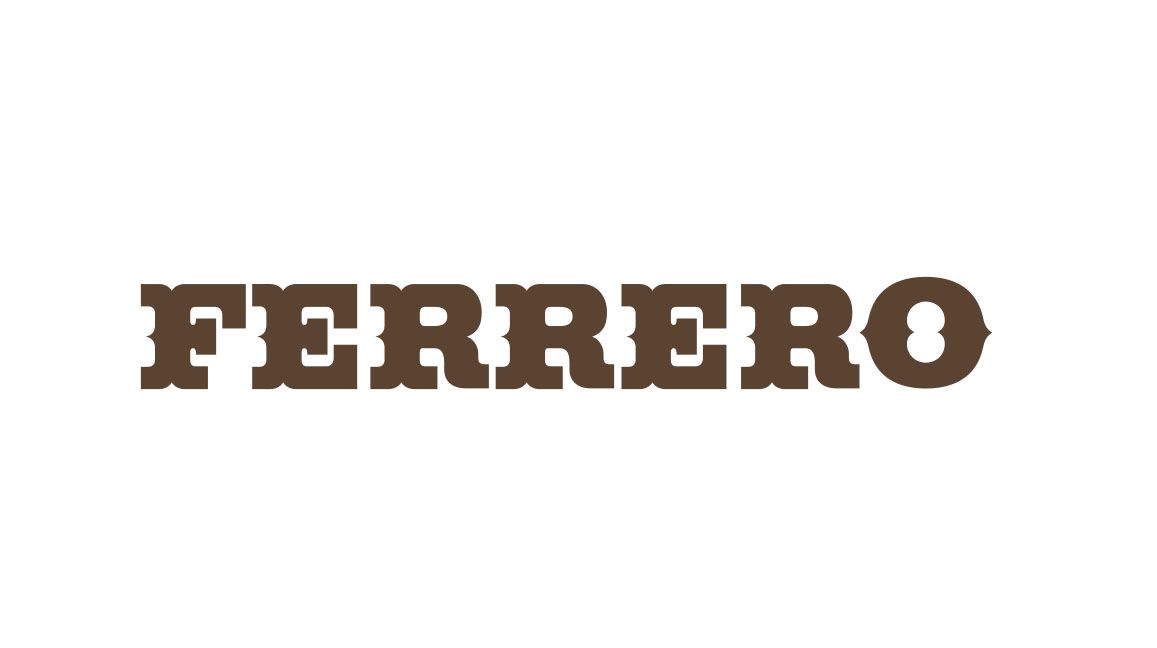 La imagen muestra la palabra "FERRERO" en negrita, todo mayúsculas, de color marrón, con serifa de losa sobre fondo blanco.