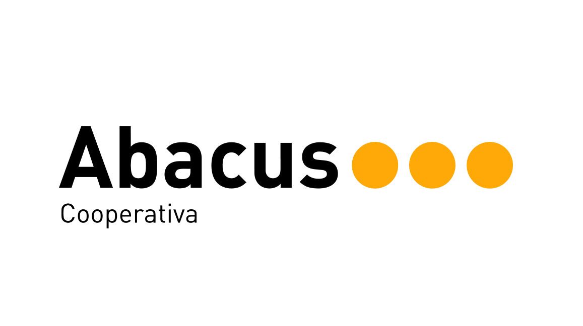 Logotipo de Abacus Cooperativa con la palabra "Abacus" en negrita y letras negras, "Cooperativa" en texto más pequeño debajo y tres grandes círculos amarillos dispuestos horizontalmente a la derecha.